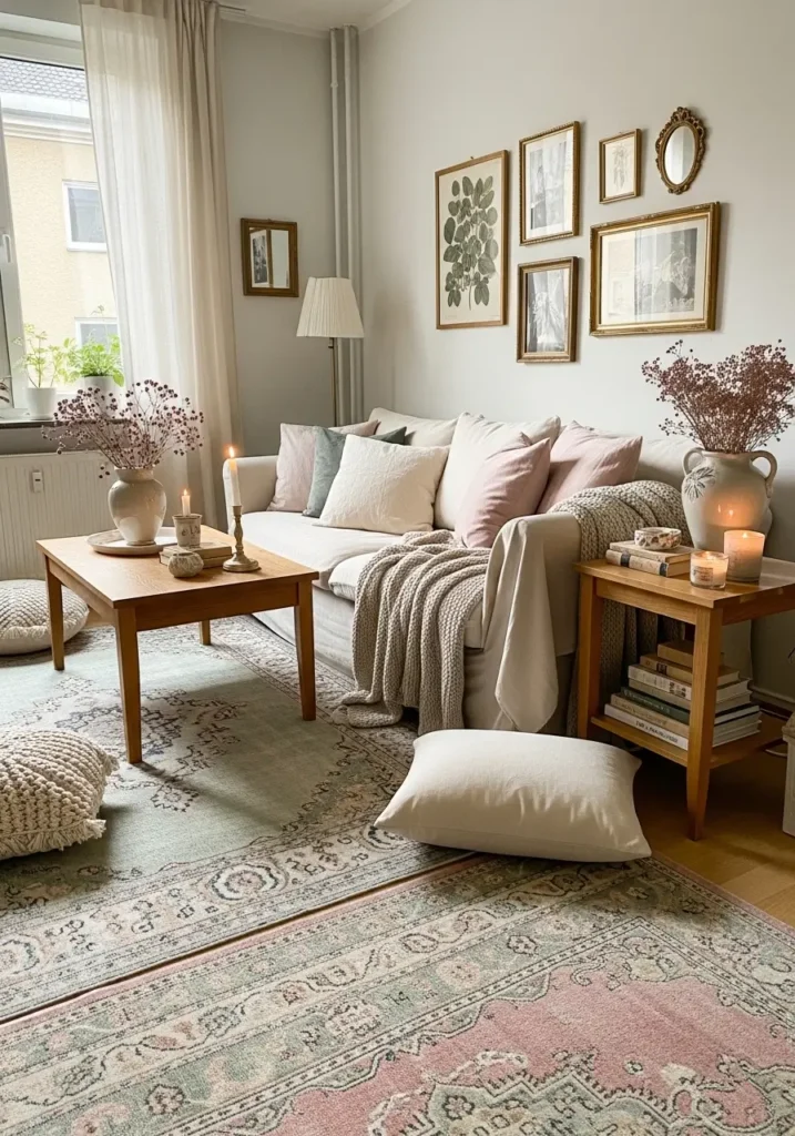 Small apartment living room with muted layered rugs, worn in vintage texture, soft faded colors, cozy sofa, warm wood furniture, romantic and feminine decor, nostalgic apartment mood, layered textiles, inviting and relaxed space, subtle vintage pattern, collected styling, charming home feeling with timeless comfort and soft visual warmth