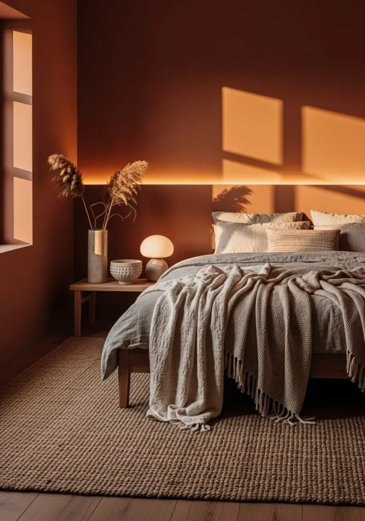 muted terracotta bedroom featuring clay-toned walls, neutral bedding, woven throw blankets, rustic ceramic decor, warm ambient lighting, wooden furniture, a textured rug, sunset light entering through the window, cozy, earthy atmosphere, realistic interior photography, soft natural shadows, and an inviting, calm retreat mood.