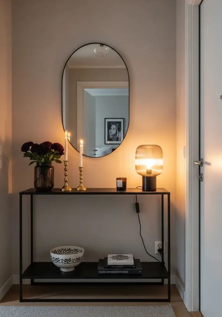 Small apartment entryway with slim black console table, oval vintage mirror, candle holders, ceramic bowl, dark flowers, warm lamp glow, clean renter apartment styling, tidy modern layout, feminine whimsigoth decor, rich elegant tones, cozy welcoming atmosphere, subtle mystical charm, polished minimal scene.