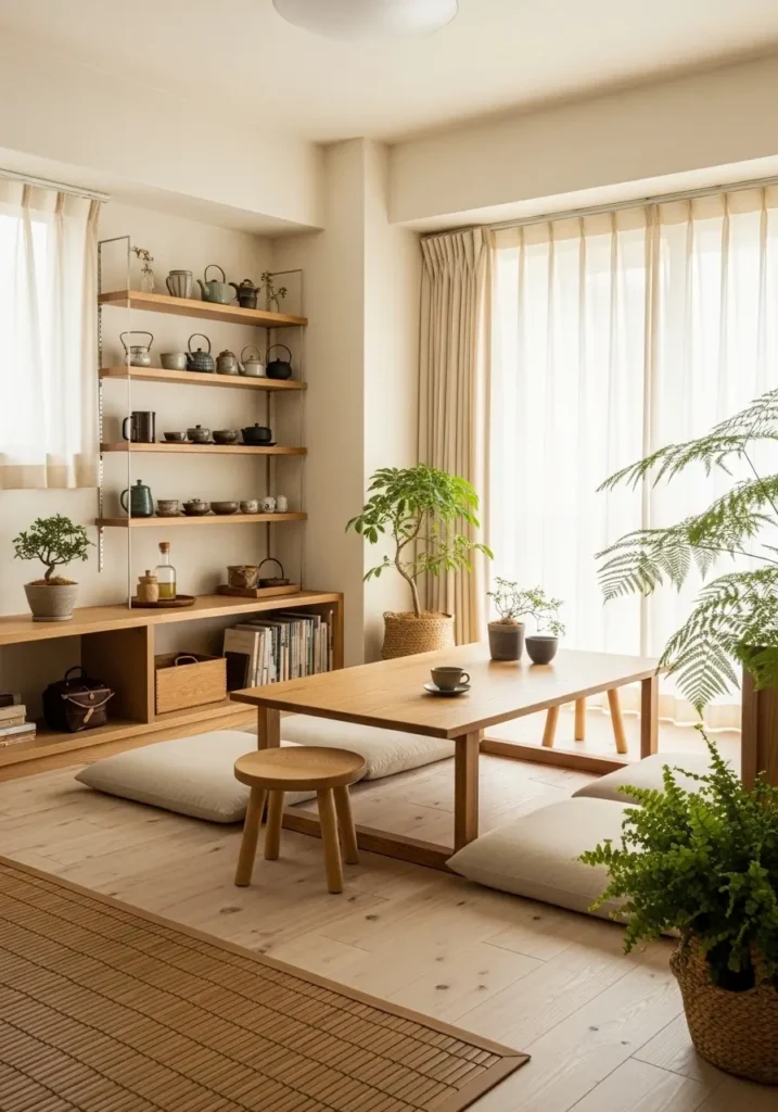 Cozy Japanese apartment interior with light oak and bamboo accents, wooden shelves, low table, simple stool, cream fabrics, indoor plants, soft daylight, clean minimal styling, warm zen inspired room feeling, calm and natural apartment decor.