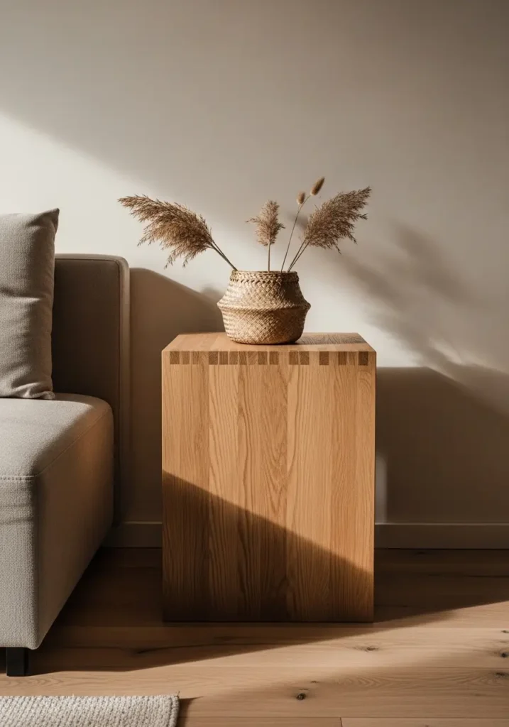 Minimalist interior corner featuring natural wood accents, an oak side table, a woven basket, a neutral sofa edge, soft sunlight highlighting wood grain textures, a calm, earthy palette, cozy Scandinavian home styling, an uncluttered arrangement, warm, realistic lighting, Pinterest-style photography emphasizing texture and peaceful ambiance.


