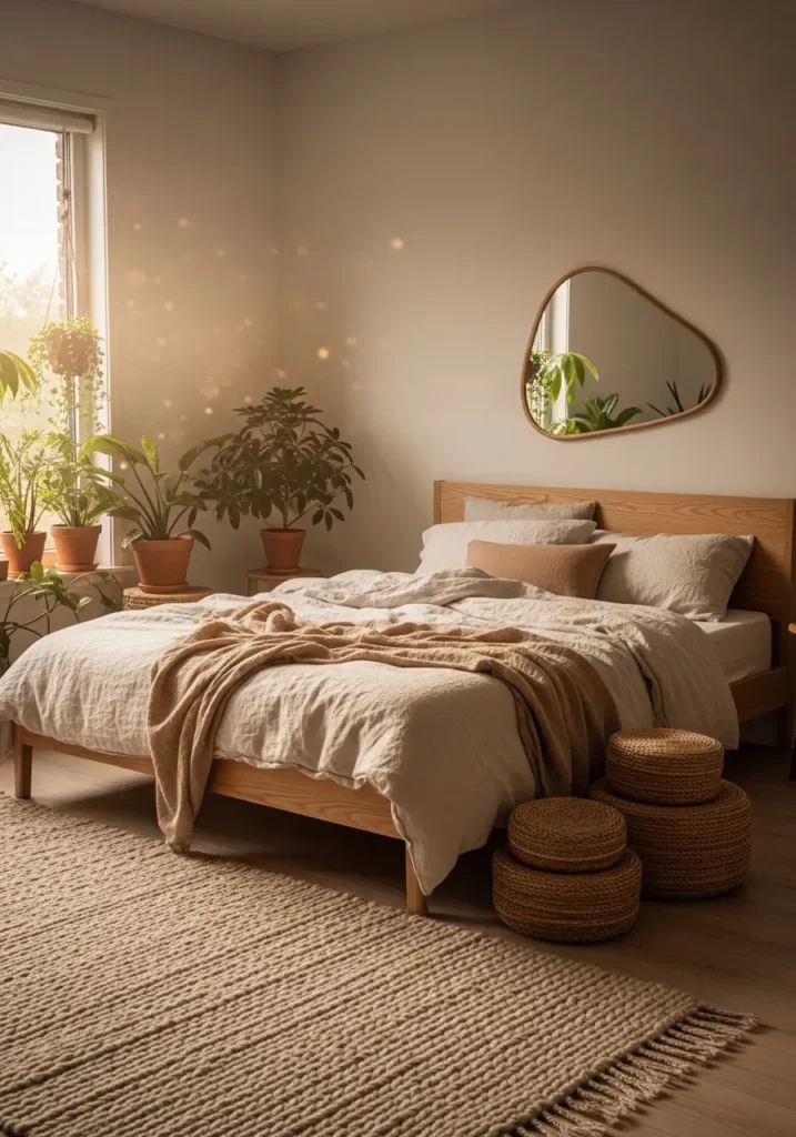 bedroom with a light wood bed frame, woven baskets, linen bedding, a textured rug, indoor plants near the window, a warm sunlight glow, an earthy neutral palette, cozy natural styling, realistic interior photography with a calming atmosphere, and soft organic textures.