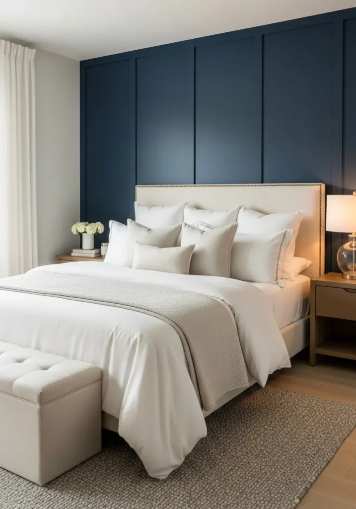 Stylish bedroom featuring a navy blue accent wall with cream bedding, wooden furniture accents, layered pillows, a warm bedside glow, a textured neutral rug, soft natural daylight entering the room, Pinterest-style interior photography showing a calm, luxurious atmosphere.

