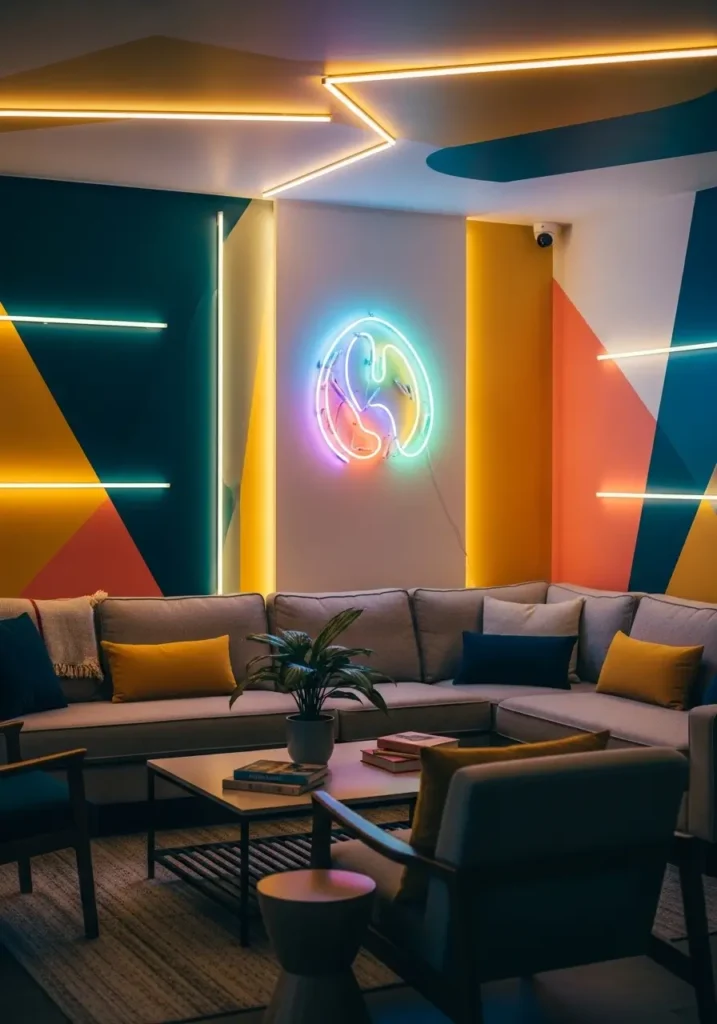 Modern lounge corner with coral-painted wall and subtle neon light sign glowing warmly, velvet accent chair, textured rug, ambient evening lighting, decorative shelves, cozy, feminine styling, Pinterest-style interior photography capturing relaxed contemporary atmosphere with soft shadows.

