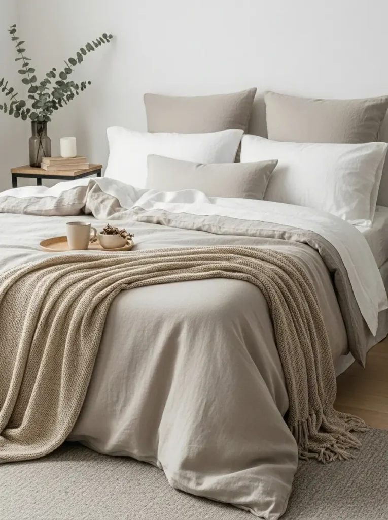 Minimal college apartment bedroom with neutral bedding layers, soft beige and cream tones, linen sheets, textured throw blanket, simple pillows, natural light from window, clean white walls, minimal decor, cozy feminine aesthetic, tidy bed styling, warm soft lighting, uncluttered environment, calming and peaceful mood


