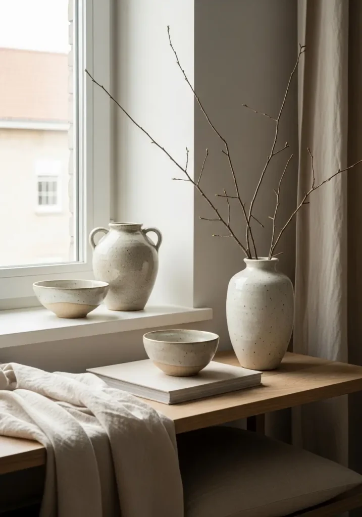 Minimal Japanese apartment decor with neutral ceramic vases, clay bowls, soft grey pottery, placed on a wooden shelf, natural light, clean background, simple styling, calm zen aesthetic, warm and elegant apartment interior.