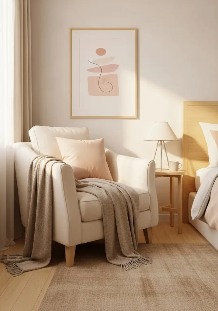 neutral college apartment bedroom corner with cream chair, beige throw blanket, soft tan rug, pale blush pillow, simple framed art, small lamp, warm natural light, feminine cozy styling, light wood accents, peaceful and airy mood, realistic apartment interior photography
