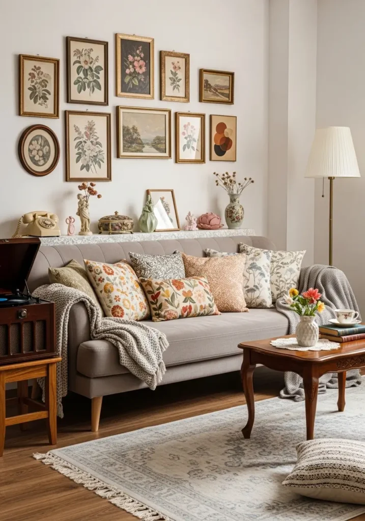 Vintage vibey apartment living room with neutral sofa, classic retro accents, warm wood furniture, patterned pillows, old framed art, soft rug, feminine decor, cozy small apartment charm, nostalgic and elegant styling, layered textures, romantic room feeling, inviting home atmosphere with timeless balance and gentle vintage character