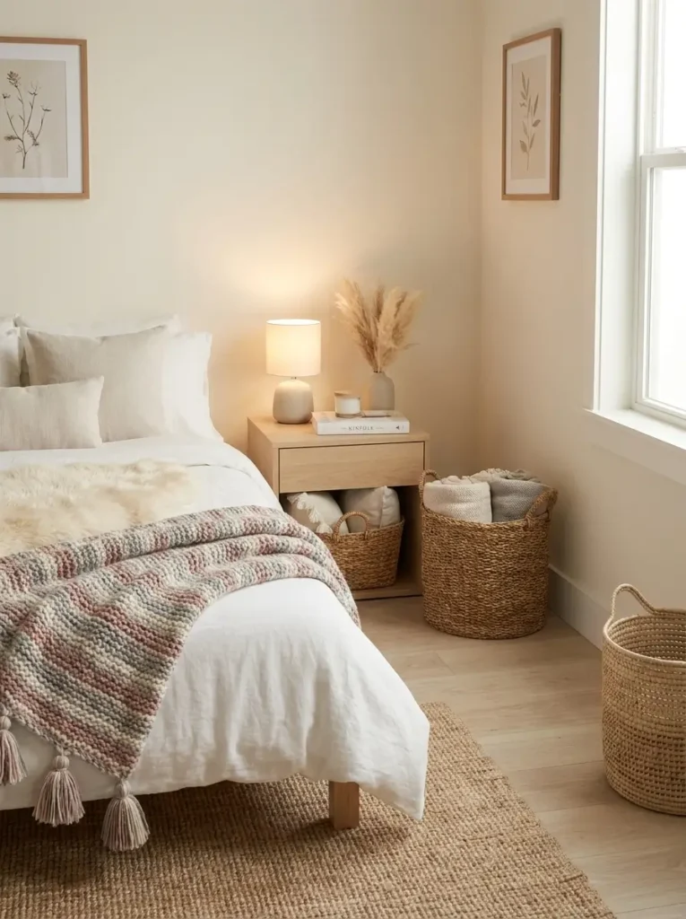 Minimal college apartment bedroom with woven storage baskets, neutral tones, clean organization, soft textures, cozy feminine aesthetic, uncluttered floor space, simple decor, natural materials, warm lighting, calm and tidy room setup

