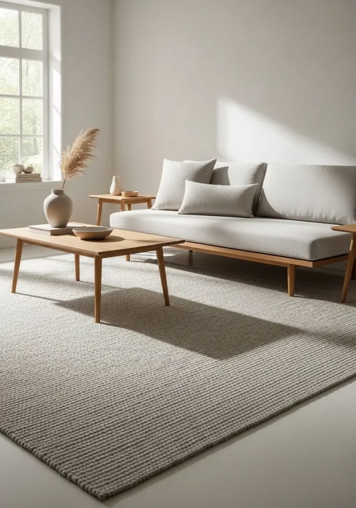 Minimalist living room featuring a large neutral textured rug, light sofa, wooden furniture, warm daylight entering the room, Scandinavian styling, cozy balanced composition, realistic Pinterest interior photography highlighting texture details, and peaceful atmosphere.

