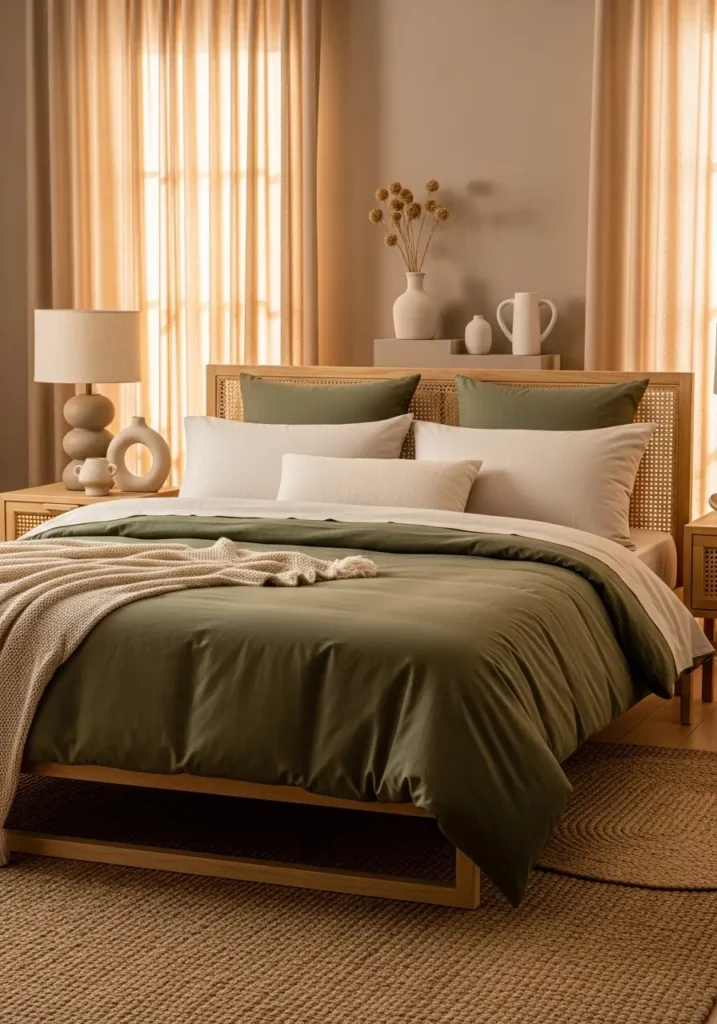 bedroom featuring olive green bedding layered with soft ivory pillows, light wooden bed frame, woven rug texture, ceramic decor accents, warm sunlight filtering through sheer curtains, cozy neutral styling, and realistic interior photography capturing a calm, earthy atmosphere.
