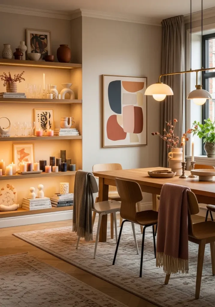 Modern eclectic apartment dining room with open shelving beside dining table, styled ceramics, glassware, stacked books, art pieces, candles, warm lighting, cozy feminine apartment mood, modern and vintage blend, realistic editorial interior, layered textures, charming collected decor, warm neutral and earthy colors, inviting home atmosphere, stylish urban dining corner with beautiful personal touches

