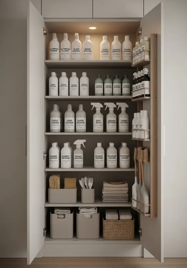 Minimal cabinet with neatly arranged cleaning supplies, neutral tones, labeled bottles, tidy shelves, soft lighting, simple organization, clean and calm aesthetic, modern minimal styling with a clutter-free look


