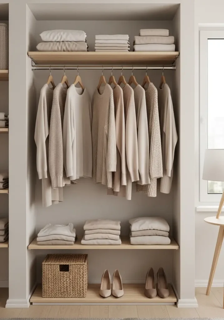 Minimal closet with neatly arranged clothes, neutral color palette, soft textures, clean folded items, wooden hangers, airy and organized space, cozy feminine styling, light coming inside closet, simple and tidy arrangement creating calm and balanced visual feel

