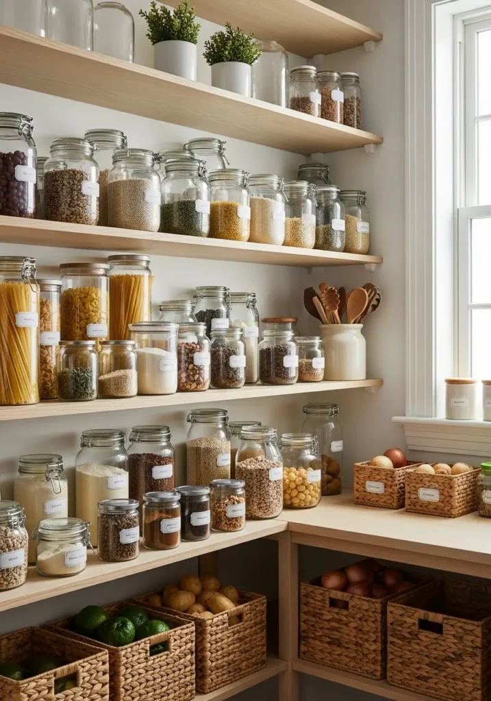 Open kitchen pantry with neatly stacked jars and containers, clean shelves, bright natural light, organized and practical yet stylish, fresh-food storage vibe.