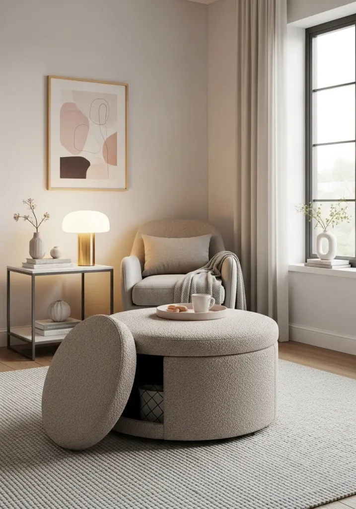 Small apartment living room with round storage ottoman, soft boucle fabric, neutral tones, hidden compartment inside, cozy rug, warm lamp light, modern feminine decor, tidy minimal room, realistic stylish apartment photography.