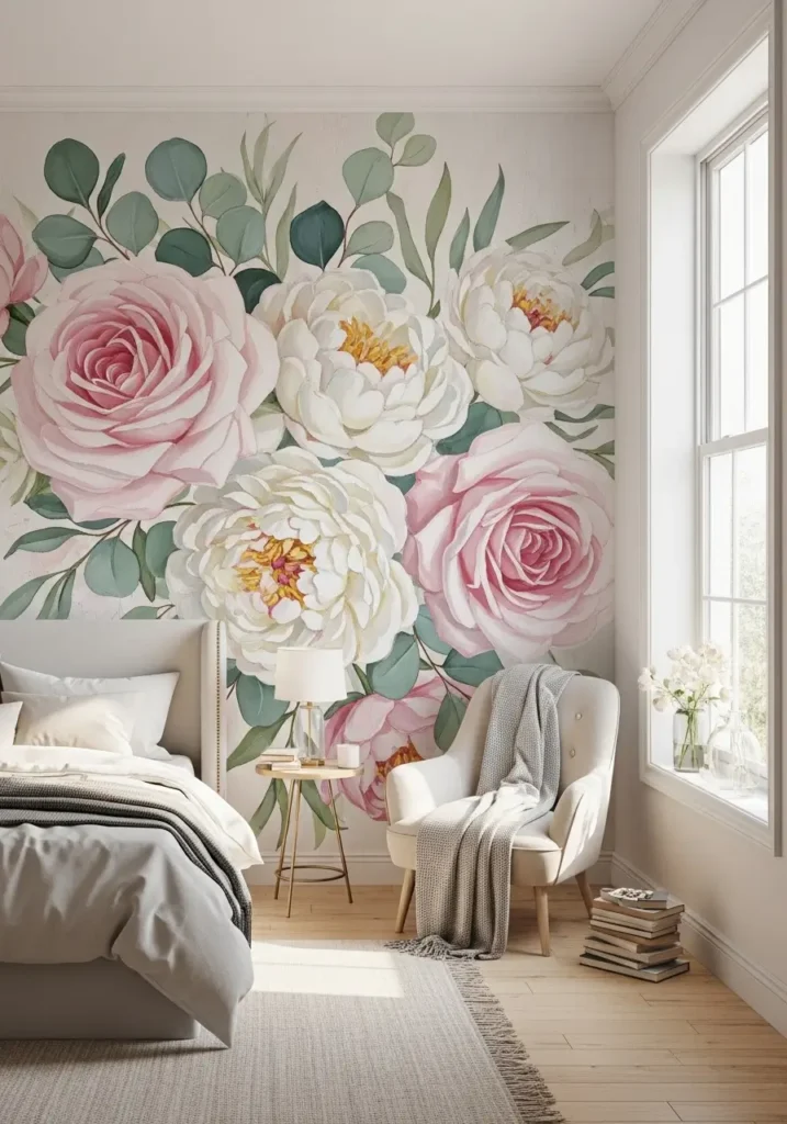 Feminine bedroom featuring an oversized floral mural wall with soft pastel blossoms, an upholstered headboard, layered bedding textures, warm morning sunlight filtering through the curtains, a cozy reading chair nearby, a dreamy Pinterest-style interior scene with soft shadows and a calming, romantic atmosphere.

