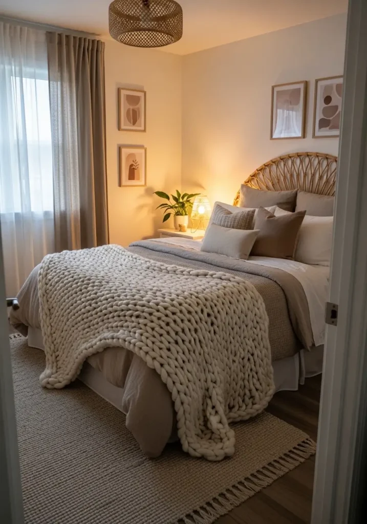 bedroom featuring an oversized knit throw blanket draped across the bed, layered neutral bedding, warm bedside lamp glow, a textured rug, calm evening lighting, realistic interior photography, cozy, feminine styling with soft, tactile textures, and a peaceful retreat atmosphere.