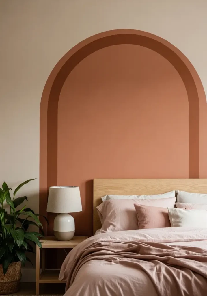 Cozy bedroom featuring a painted terracotta arch behind an upholstered bed, neutral bedding layers, ceramic decor on a wooden nightstand, warm bedside lamp glow, soft, textured rug, natural daylight entering through sheer curtains, feminine Pinterest-style interior photography with a calm, inviting atmosphere.

