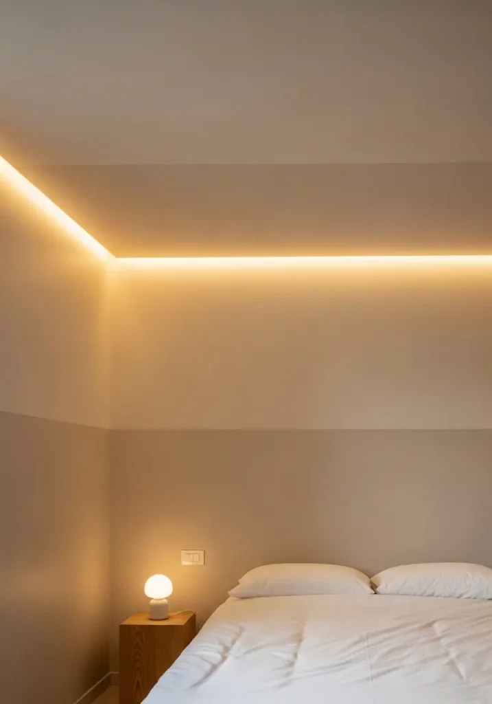 Cozy bedroom with paint color extending from the wall onto the ceiling in a muted blush tone, an upholstered bed with layered blankets, warm bedside lamps glowing softly, minimal decor styling, natural daylight balancing the interior light, Pinterest-style photography capturing a calm, immersive atmosphere.

