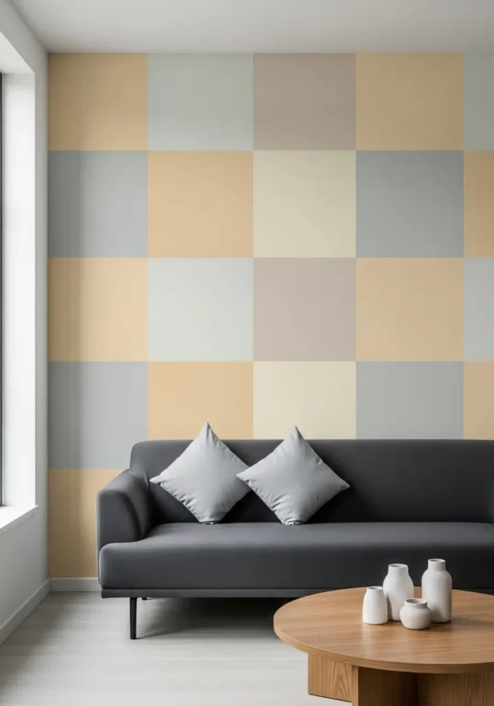 Stylish dining nook with a painted checkerboard wall in soft beige and clay tones, a wooden dining table setup, natural light entering the room, cozy decor accents, minimal styling, Pinterest-inspired interior photography showing a balanced, playful yet calm atmosphere.

