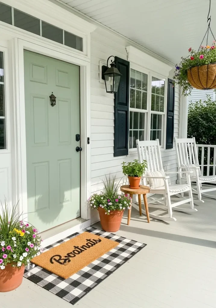 Clean country porch with soft sage green front door, white trim, potted flowers, layered mat, natural daylight, minimal farmhouse styling, fresh welcoming curb appeal, realistic home exterior photography.