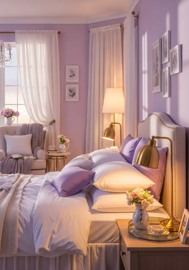 bedroom with pale lavender walls, soft white bedding, a gold bedside lamp, flowing curtains, plush pillows, a cozy reading corner, warm ambient lighting, delicate, feminine styling, soft shadows, realistic textures, a calming, romantic mood, natural window light blending with warm evening tones, an elegant yet relaxed interior.