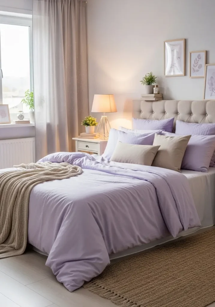 Cozy bedroom styled with pale lavender bedding and soft beige accents, upholstered headboard, warm ambient lighting, woven rug texture, natural daylight filtering through curtains, Pinterest-style interior photography capturing calm, feminine elegance.