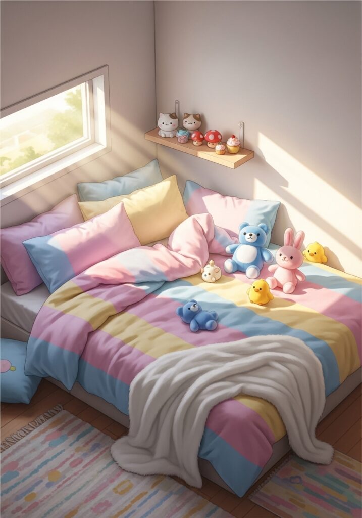 Cozy bedroom scene with pastel bedding in pink, blue, and yellow. The bed has plush toys, soft pillows, and a fuzzy throw. Gentle morning sunlight coming through a small window. Small kawaii figurines on a tiny shelf beside the bed. Warm, cute, playful, and inviting atmosphere, photographed from a corner view.