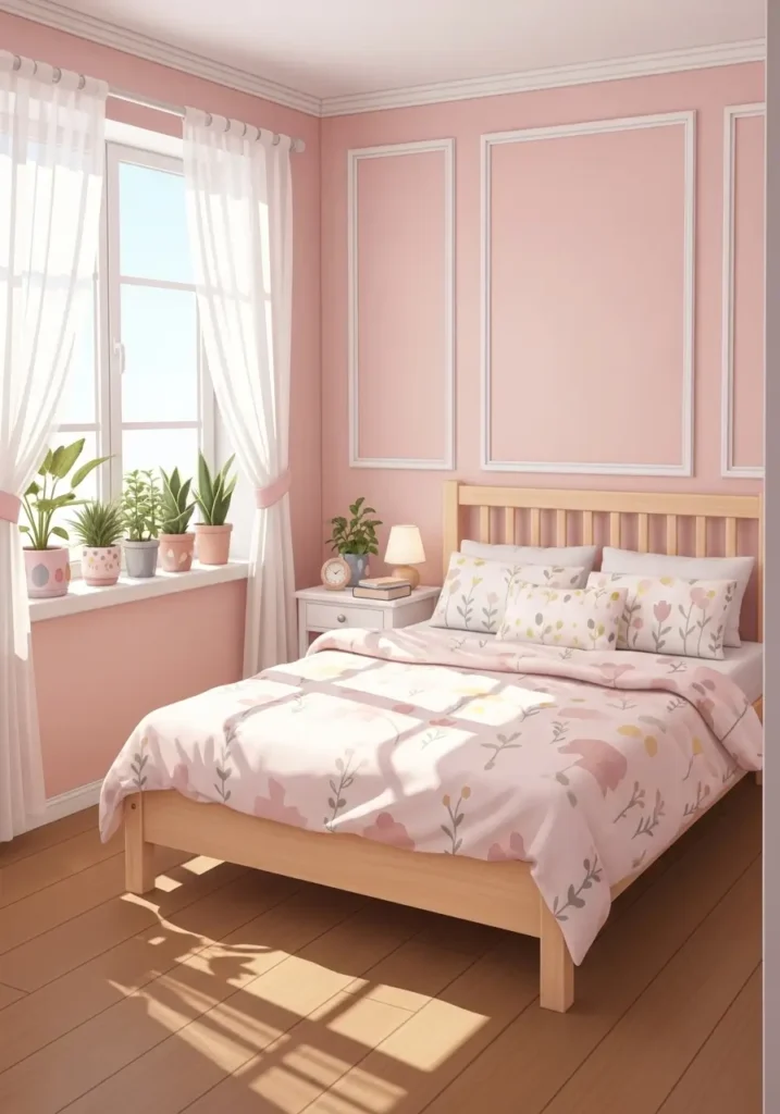 Small apartment bedroom with pastel pink walls, white trim, light wooden bed frame, cozy bedding with soft patterns, sunlight streaming through sheer curtains, small houseplants on window sill, cute girly aesthetic, organized and inviting, realistic 2D illustration style, soft shadows and gentle colors.