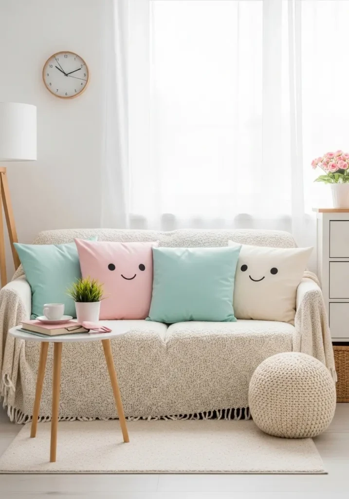 small kawaii living room with pastel cushions in pink, mint, and cream tones, soft fabric textures, minimal sofa styling, clean layout, cozy feminine aesthetic, soft natural lighting, uncluttered space, gentle color harmony, modern minimal decor