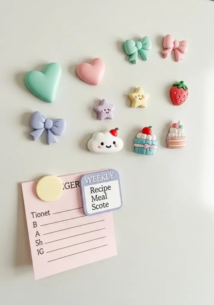 Clean minimal kawaii kitchen with pastel fridge magnets shaped like hearts, bows, stars, and tiny fruit, soft white fridge, blush pink and mint accents, tidy counter nearby, gentle daylight, feminine cozy styling, sweet pastel kitchen mood with simple cute home details.