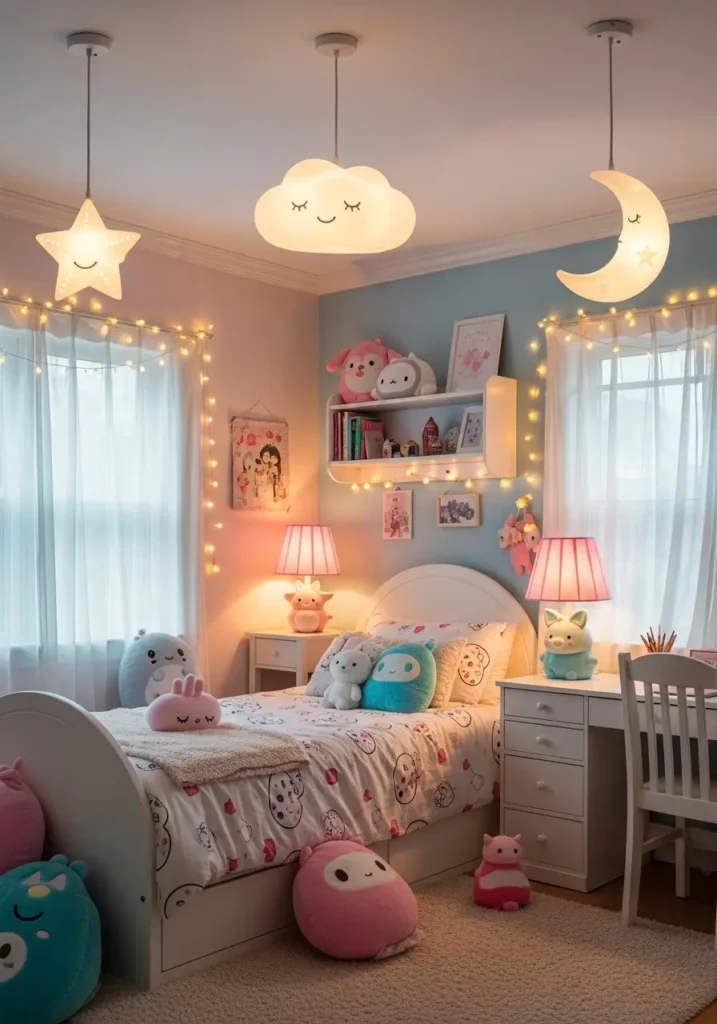  Kawaii bedroom with pastel pendant lamps, table lamps in soft colors, string lights around the walls, soft illumination highlighting the bed and desk area, creating a cozy and playful girly environment.