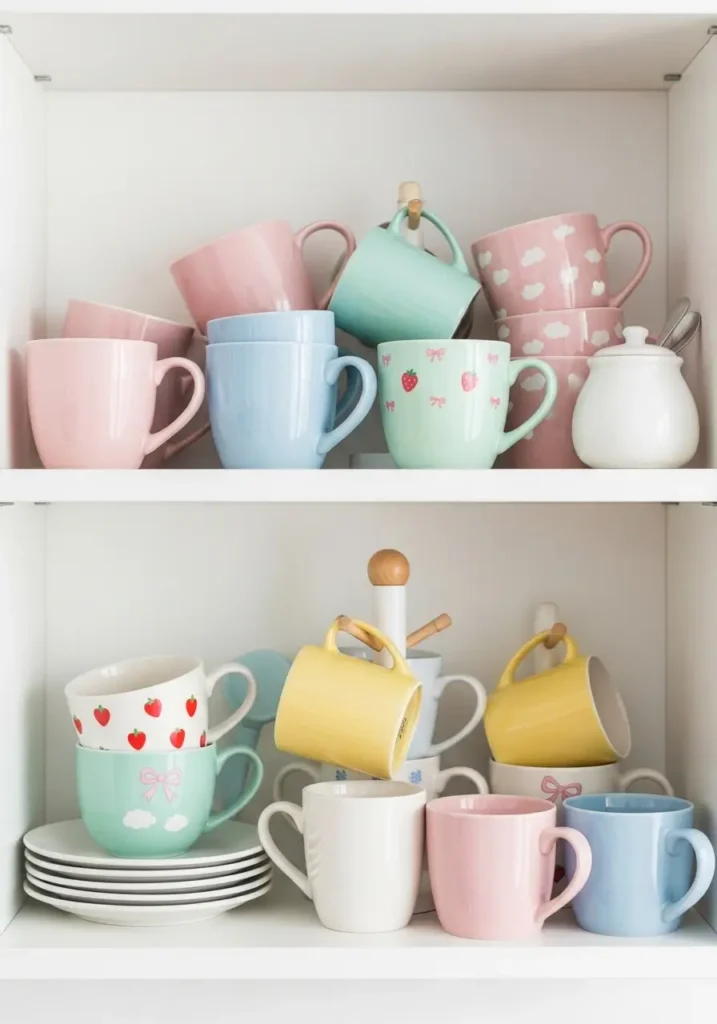 Clean minimal kawaii kitchen with pastel mugs displayed on open white shelves, soft pink, mint, and cream tones, gentle morning light, tidy countertop, cute cozy styling, simple rounded shapes, soft feminine mood, airy pastel kitchen decor with a calm and sweet home feeling.
