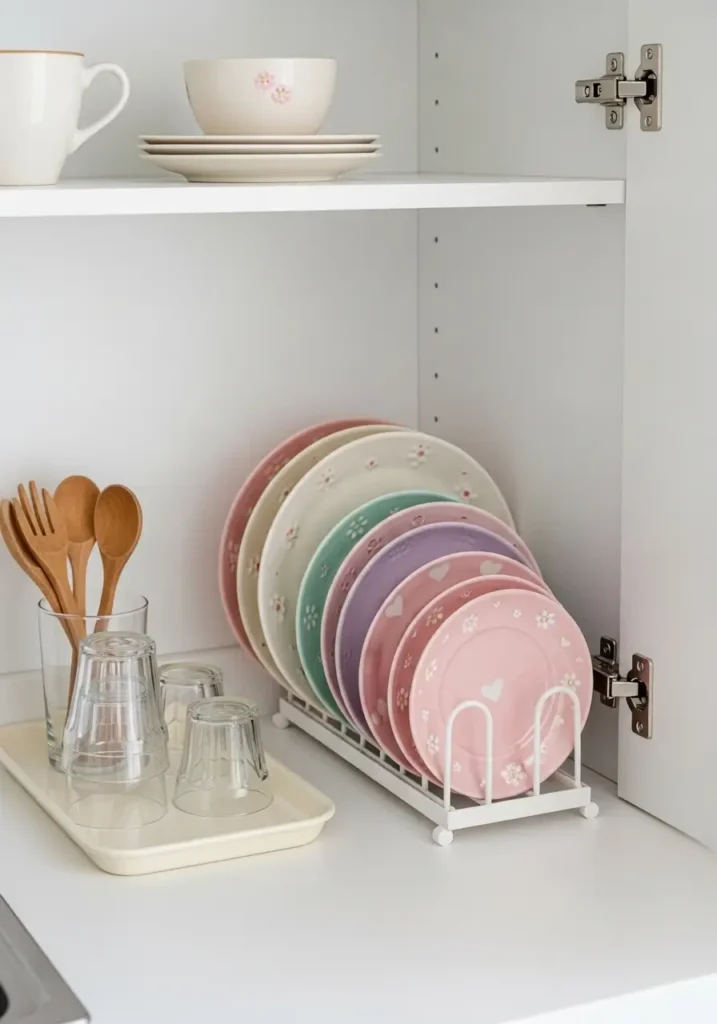 Clean minimal kawaii kitchen with pastel plates displayed in a small white rack, blush pink, cream, lavender, and mint tones, soft daylight, tidy counter, simple feminine styling, cozy pastel kitchen decor with airy open space and sweet gentle mood.