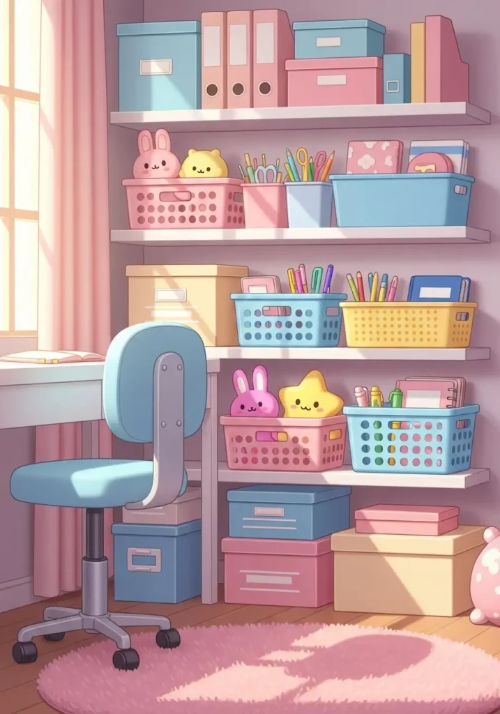 Pastel storage boxes and baskets in pink, blue, and yellow neatly arranged on shelves and under a desk. Small plush toys and stationery peek out. Bright, playful, cozy room with soft textures and cheerful kawaii vibe.