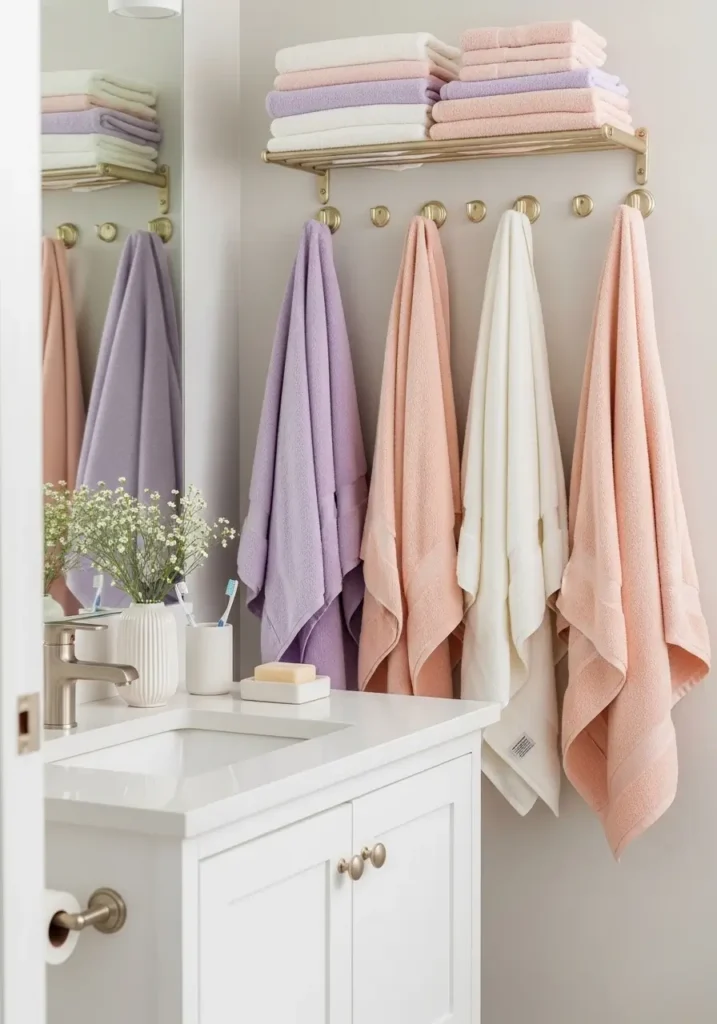 Small apartment bathroom with warm soft lighting, vanity glow, candlelight, gold mirror, blush decor, fluffy rug, elegant feminine styling, cozy evening mood, realistic compact layout, gentle shadows, relaxing apartment bathroom scene, photo realistic interior with soft glowy atmosphere and cute polished details for a girly small space