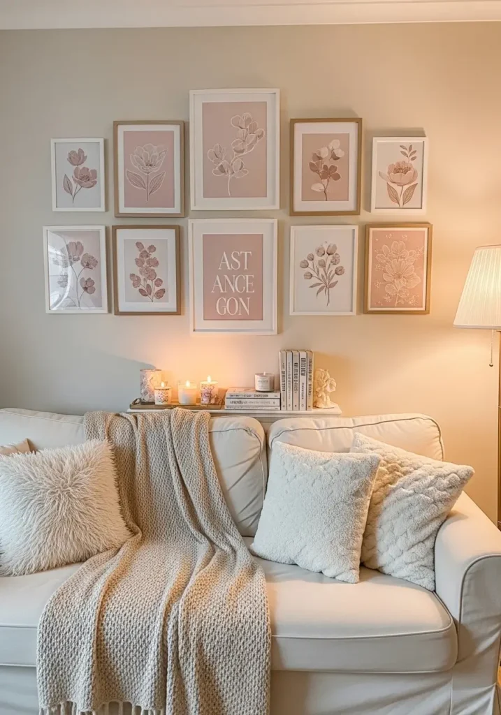 Cozy girly apartment wall decorated with pastel wall art gallery, soft pink and beige framed prints arranged neatly above cream sofa, warm lamp lighting creating gentle shadows, small decorative shelf with candles and books beneath artwork, fluffy pillows and throw blanket nearby