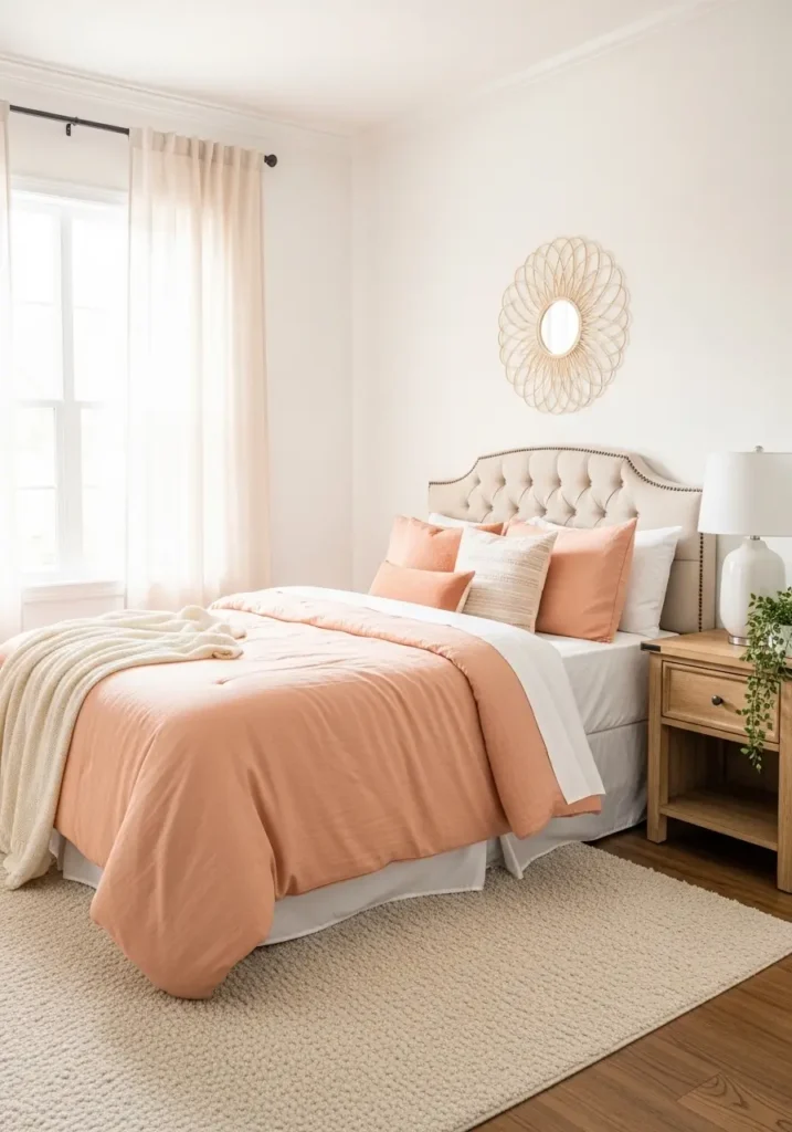 Cozy bedroom styled with peach bedding against soft white walls, linen curtains diffusing sunlight, a plush rug, a wooden nightstand, ceramic decor accents, Pinterest-style interior photography showing a warm, feminine atmosphere with peaceful lighting.

