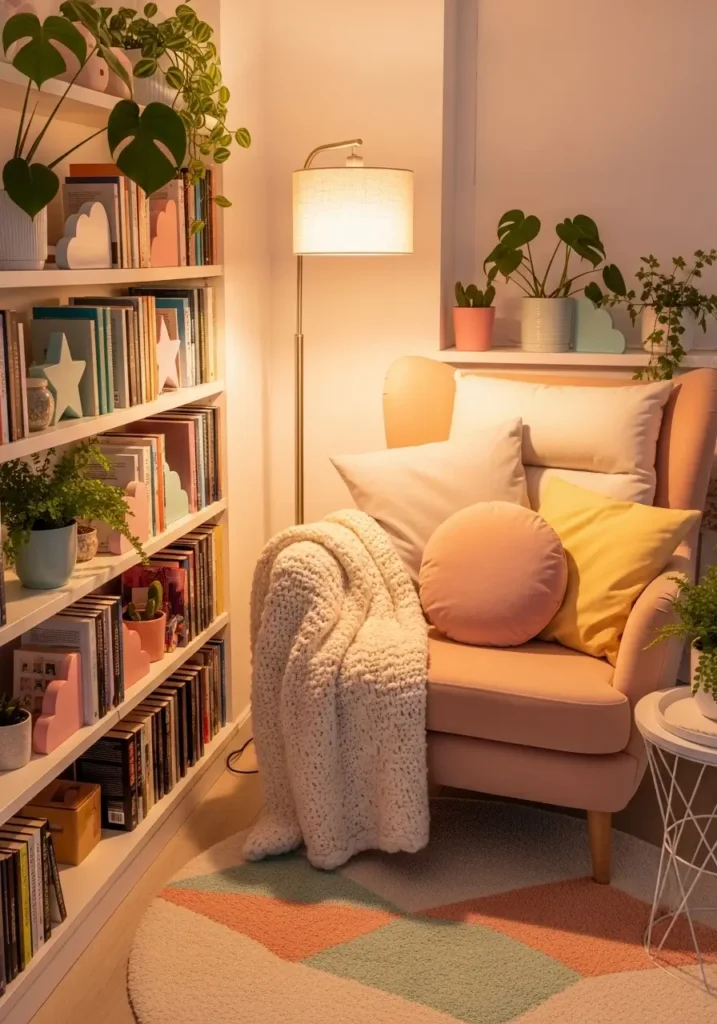 Cozy reading nook with pastel peach armchair, layered cushions, soft throw blanket, small pastel rug, floor lamp casting warm light, books on shelves with pastel bookends, and potted plants adding freshness, creating an inviting and cheerful pastel corner.