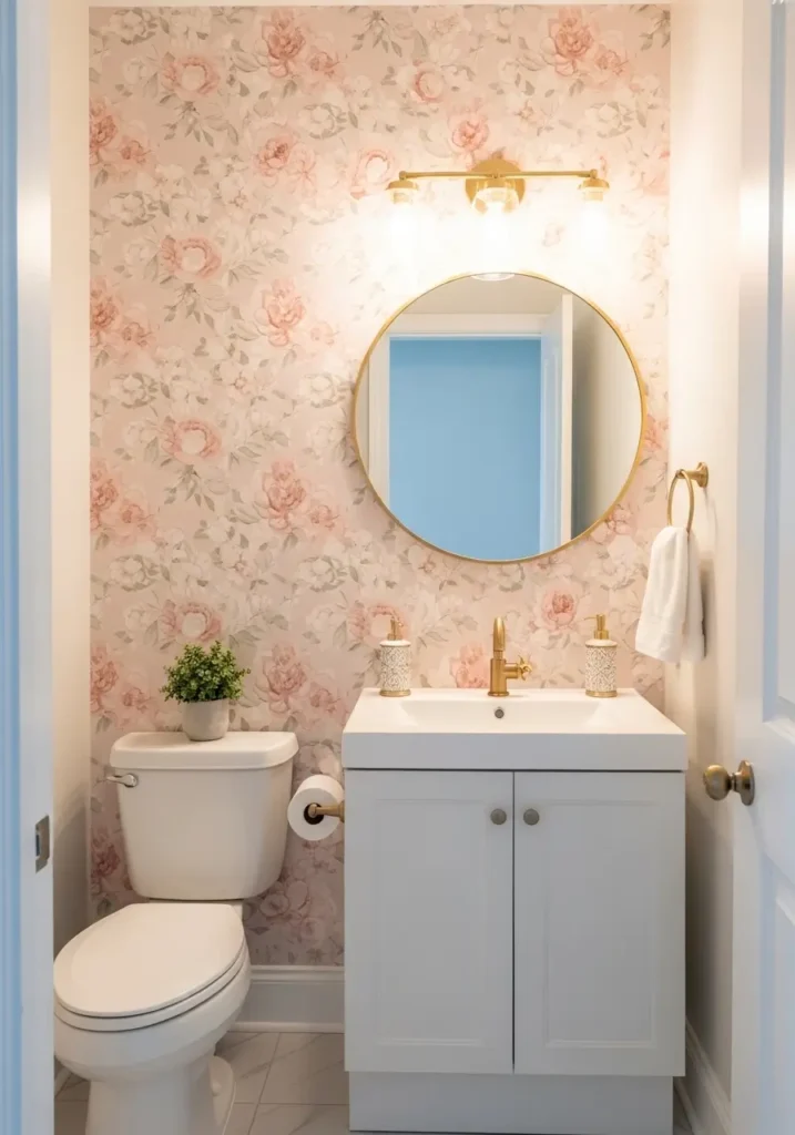 Small girly apartment bathroom with peel and stick wallpaper in soft blush floral pattern, white vanity, gold mirror, compact layout, renter friendly decor, cute and airy room feeling, elegant feminine style, soft lighting, pastel palette, realistic bathroom scene, photo realistic apartment interior with stylish patterned wall as gentle statement feature