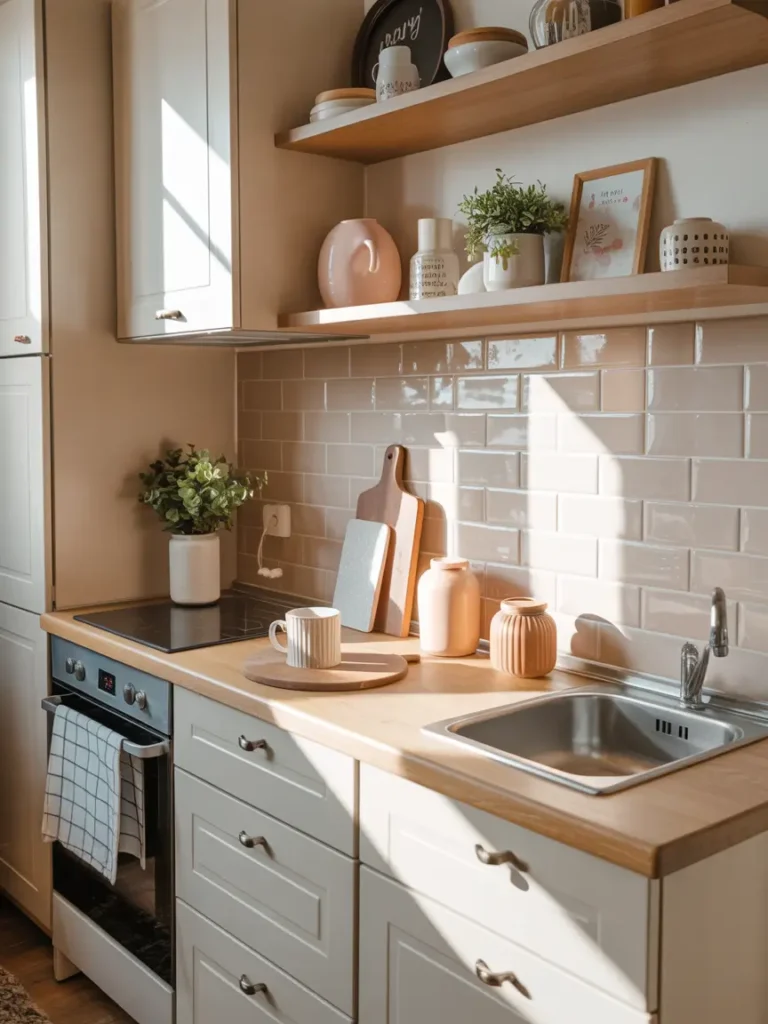 Tiny renter friendly apartment kitchen with peel and stick backsplash, soft subway tile or creamy stone look, clean counters, warm morning sunlight, pretty mugs, small cutting board, ceramic jar, realistic feminine decor, cozy neutral styling, polished modern rental kitchen, compact but bright layout, charming and fresh atmosphere, light beige and white tones, simple details that make small kitchen feel warm, stylish, and inviting