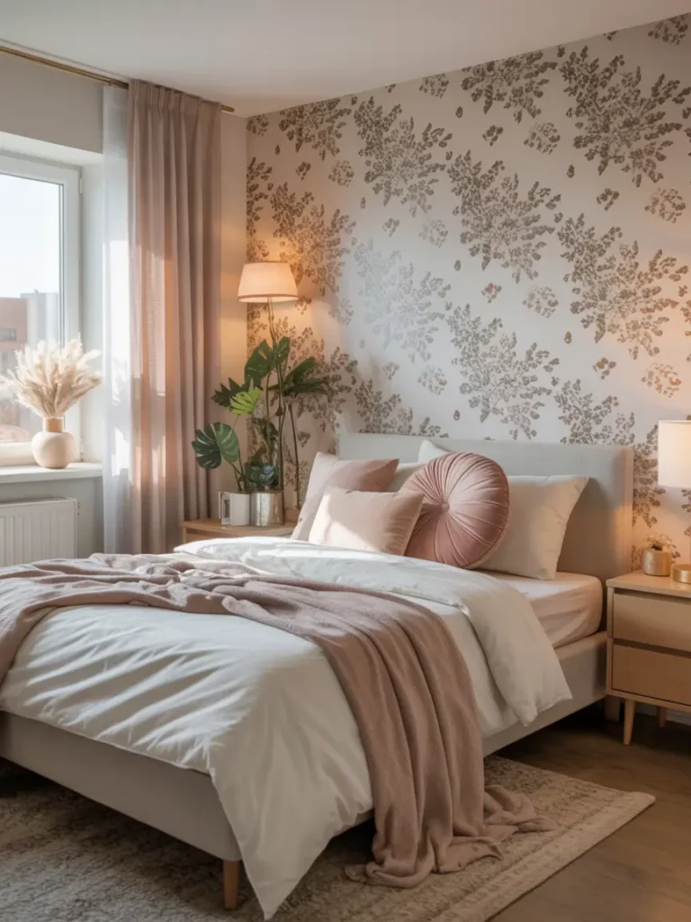 Small renter friendly apartment bedroom with peel and stick wallpaper on one accent wall, soft floral or subtle neutral pattern, warm daylight coming through curtains, cozy white bed, blush and beige pillows, light wood furniture, realistic feminine interior styling, calm and airy small space, polished rental decor, gentle textures, inviting mood, charming corner that feels personal, modern apartment setup with soft elegance and warm layered detail