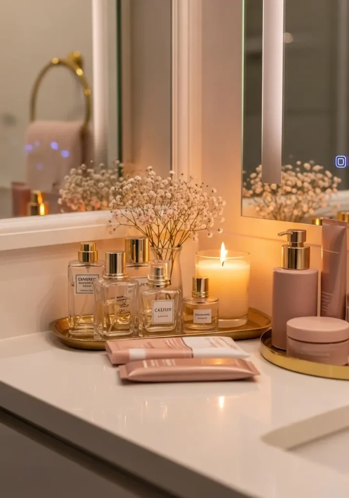 Feminine bathroom corner with small tray of perfume bottles, candle, tiny flowers, blush and gold styling, compact apartment bathroom, soft glow, elegant cozy atmosphere, clean vanity edge, realistic girly decor, polished and charming mood, warm light reflecting on mirror, photo realistic small space styling with luxe beauty corner feeling