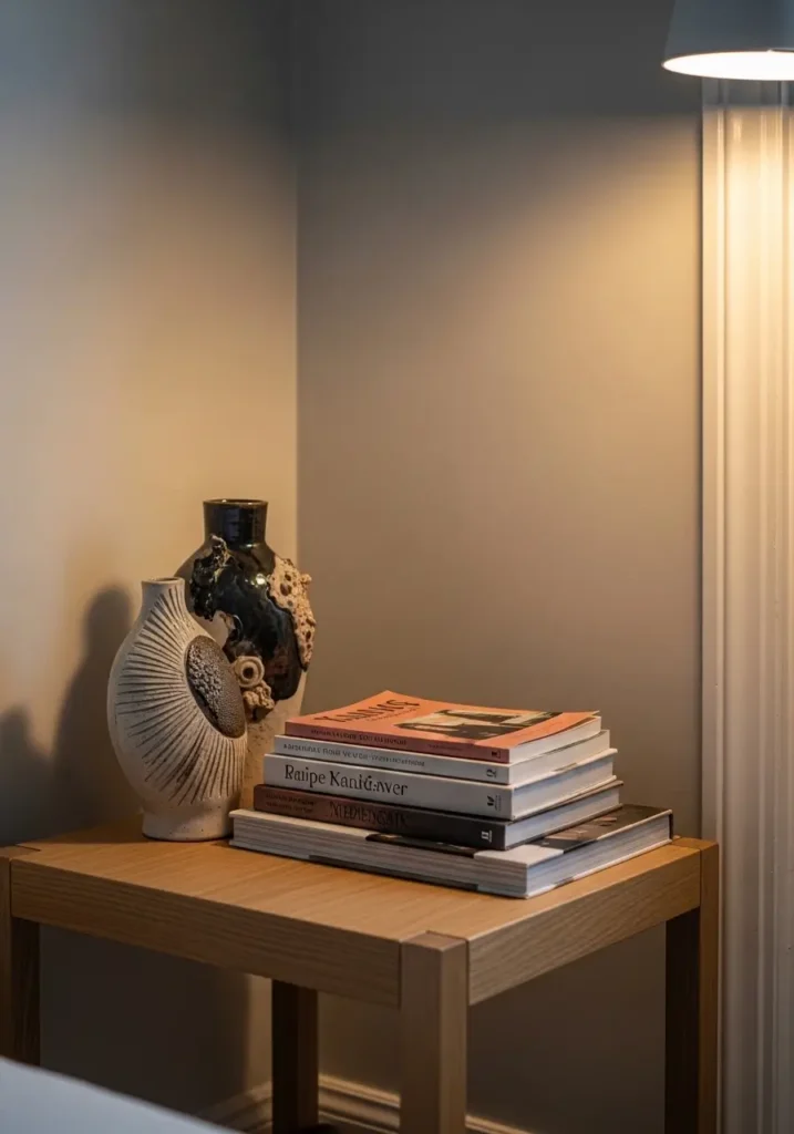 Minimalist home corner styled with meaningful objects, a small stack of books, a ceramic decor piece, soft, warm lighting, neutral wall tones, a cozy, peaceful mood, Scandinavian interior styling, and realistic Pinterest-style photography capturing emotional warmth and simplicity.

