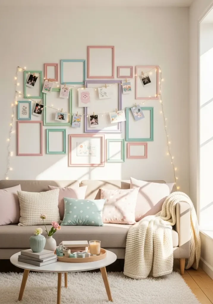 Apartment wall with pastel frames and string photo display, cozy living room furniture with soft pillows, sunlight, cute playful girly aesthetic, realistic 2D illustration, and personal and inviting apartment interior.