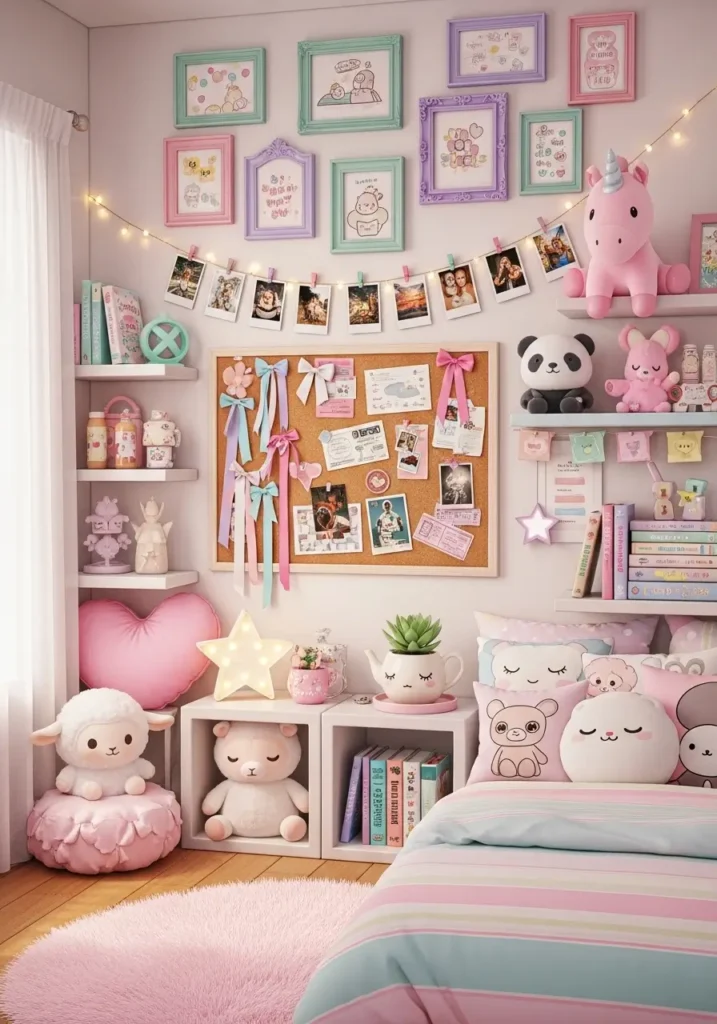 Girly bedroom with pastel frames on walls, small photo clips, corkboard decorated with ribbons and personal mementos, plush toys and cute accents on shelves, creating a cozy and personalized kawaii space.
