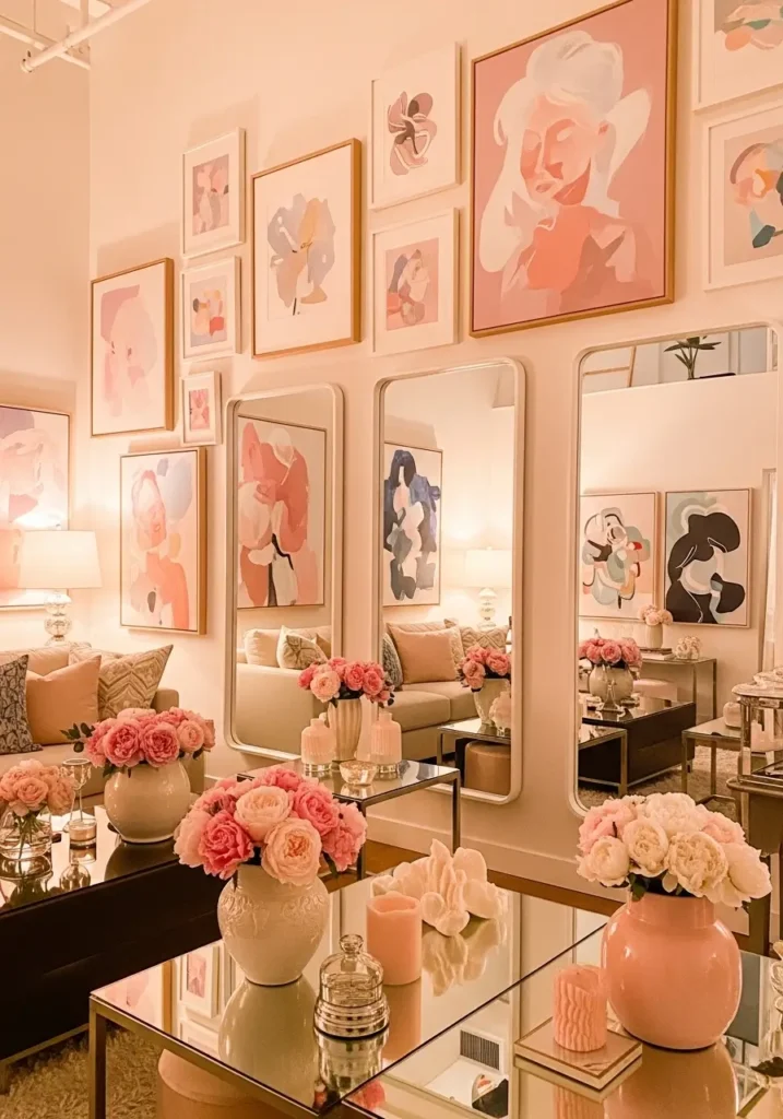 Loft apartment with modern artwork on the walls, full-length mirrors, stylish frames, a gallery wall, feminine decor accents, artwork in soft tones, warm lighting, art pieces curated to reflect personality, and a cozy yet artistic home space with reflective surfaces.