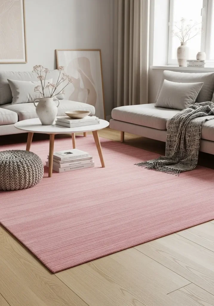 Minimal apartment floor with soft pink accent rug, light wood flooring, neutral furniture, clean layout, cozy feminine aesthetic, simple decor, soft textures, natural light, balanced and uncluttered space

