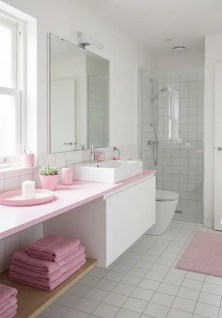 Minimal bathroom with pink towels, soft pastel accessories, clean white tiles, simple layout, cozy feminine decor, natural light, uncluttered and fresh space

